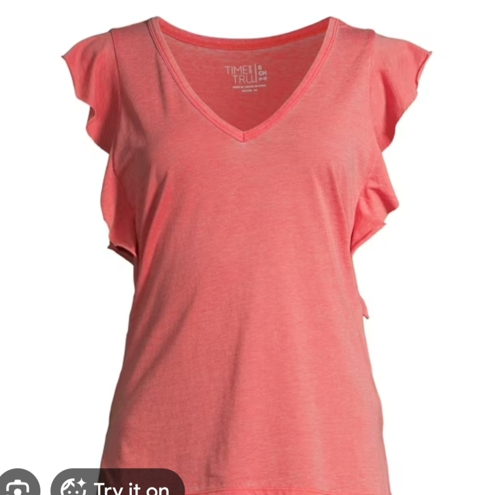 Time and Tru Coral Ruffle Sleeve V-Neck Top - Women's